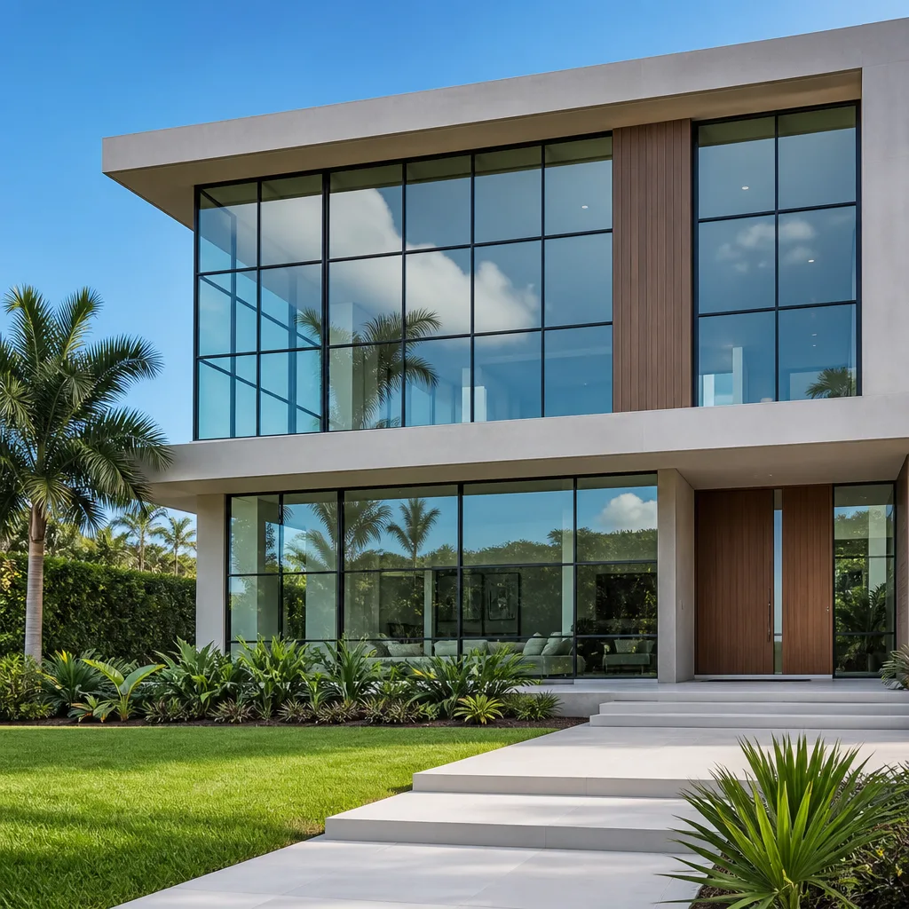 Modern home with expansive custom geometric windows and sleek black frames in Hialeah, FL