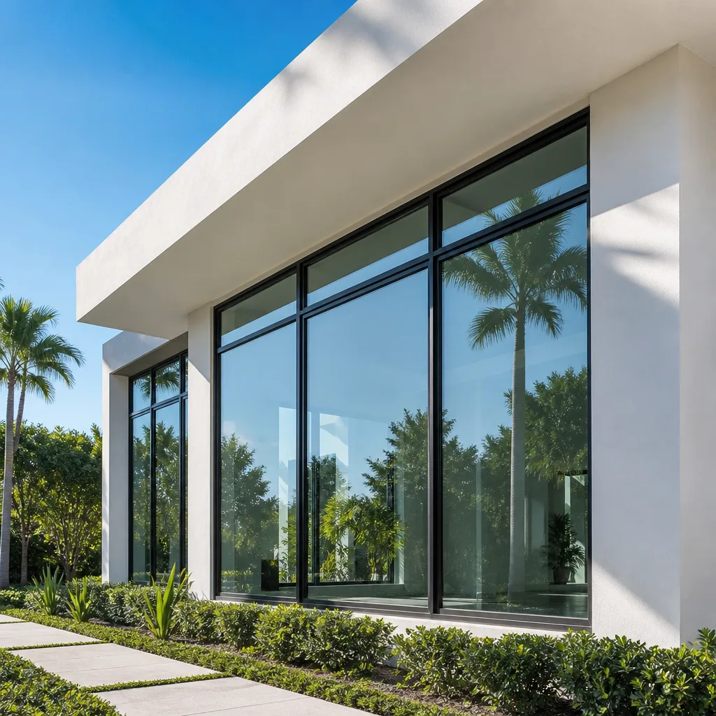 Modern home exterior with large floor-to-ceiling custom geometric windows nationwide