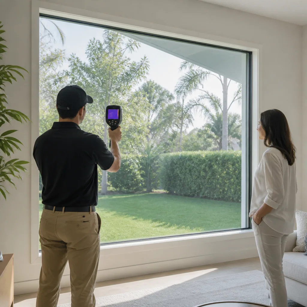 Technician using thermal camera to inspect energy-efficient home windows nationwide