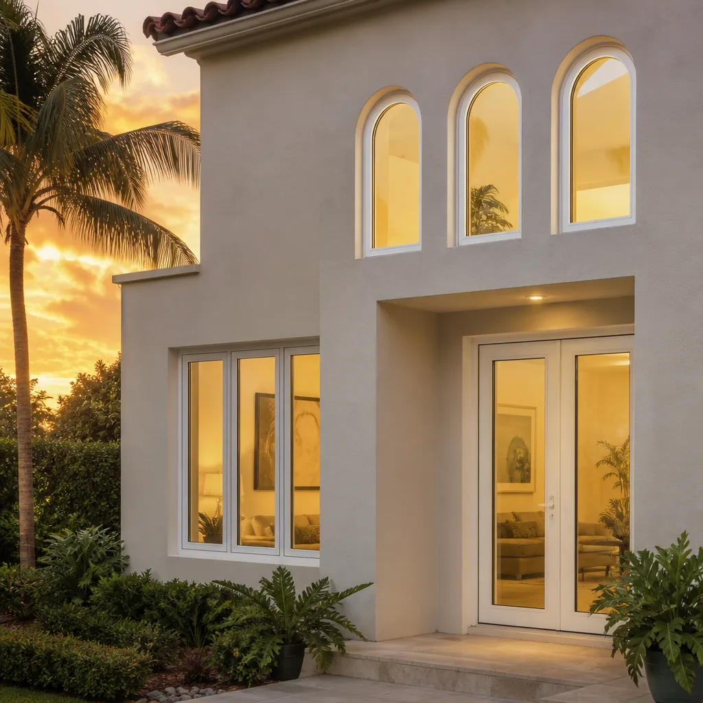 Energy-efficient arched windows and glass entry doors on a modern home nationwide