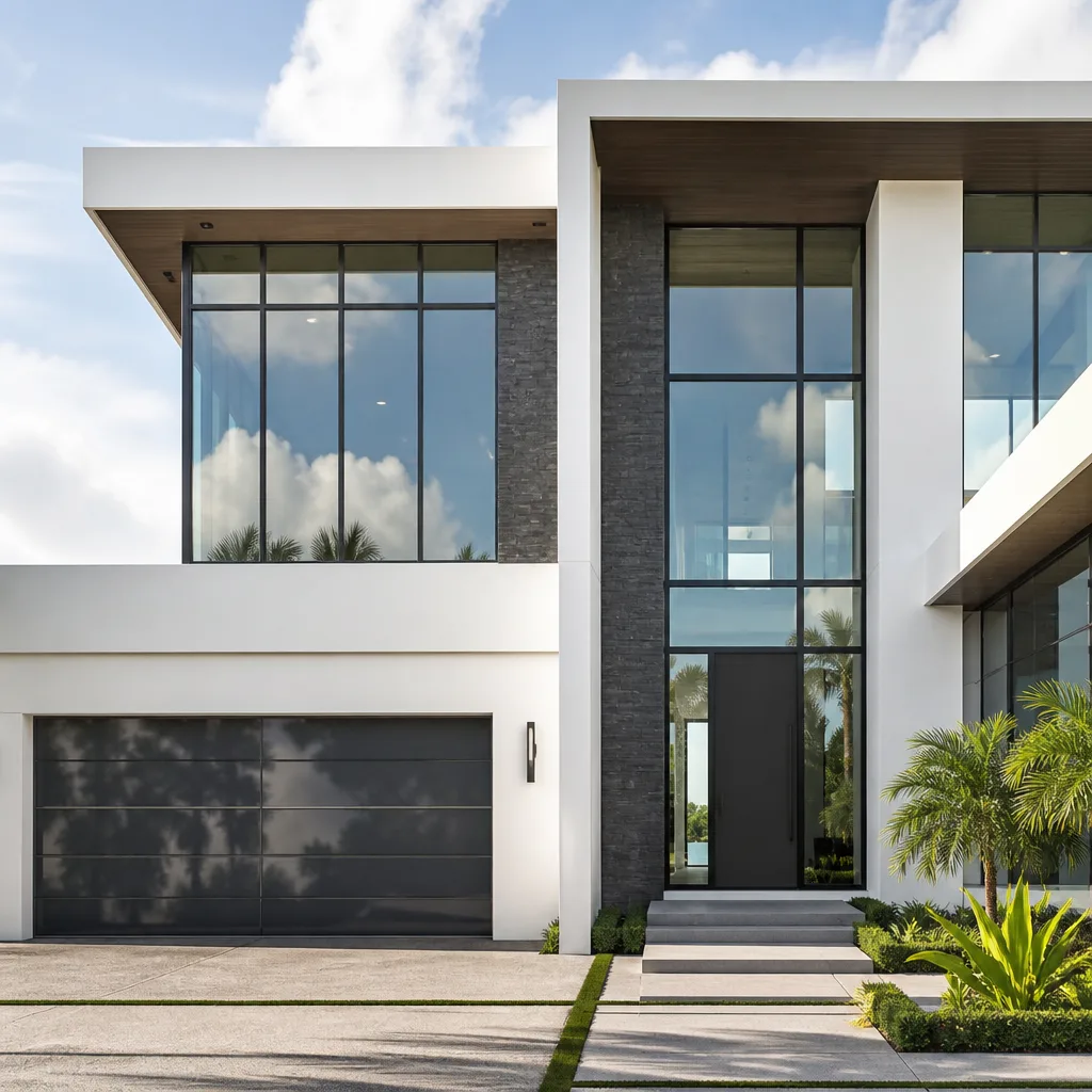 Modern luxury home with impact garage doors and architectural glass windows. in Miami Beach, FL