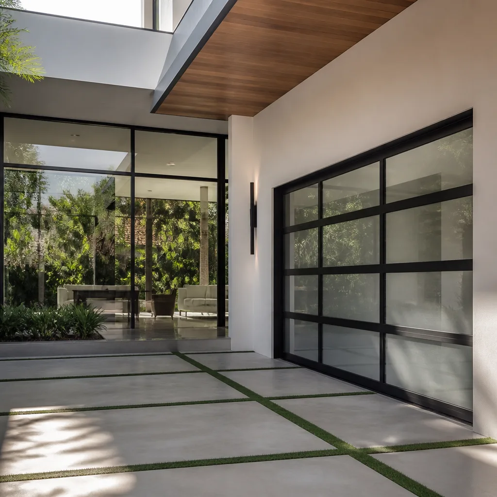 Modern contemporary impact garage door with frosted glass panels in Miami, FL