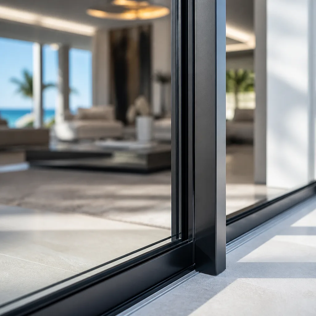 Modern black frame sliding impact windows in a luxury coastal home