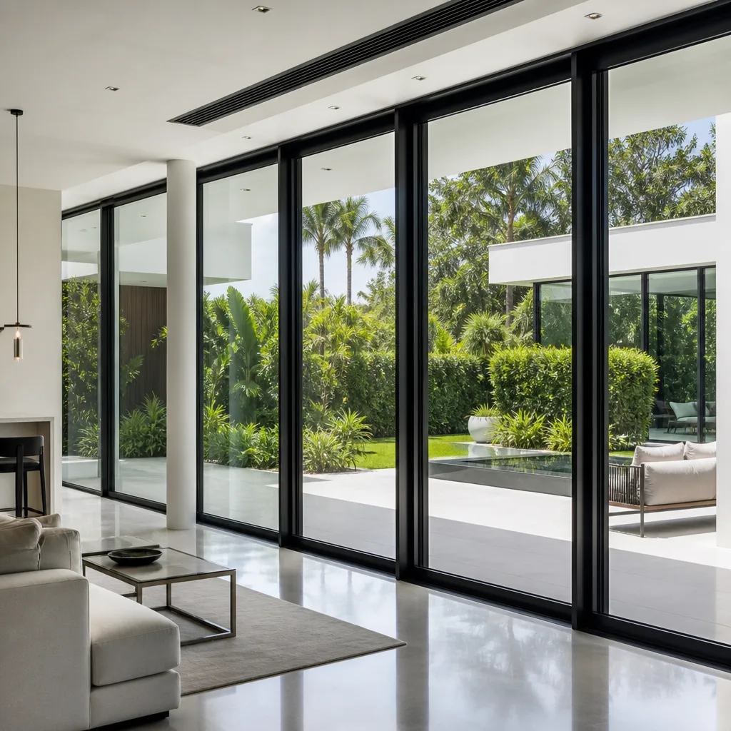 Modern floor-to-ceiling sliding glass impact doors in a luxury home