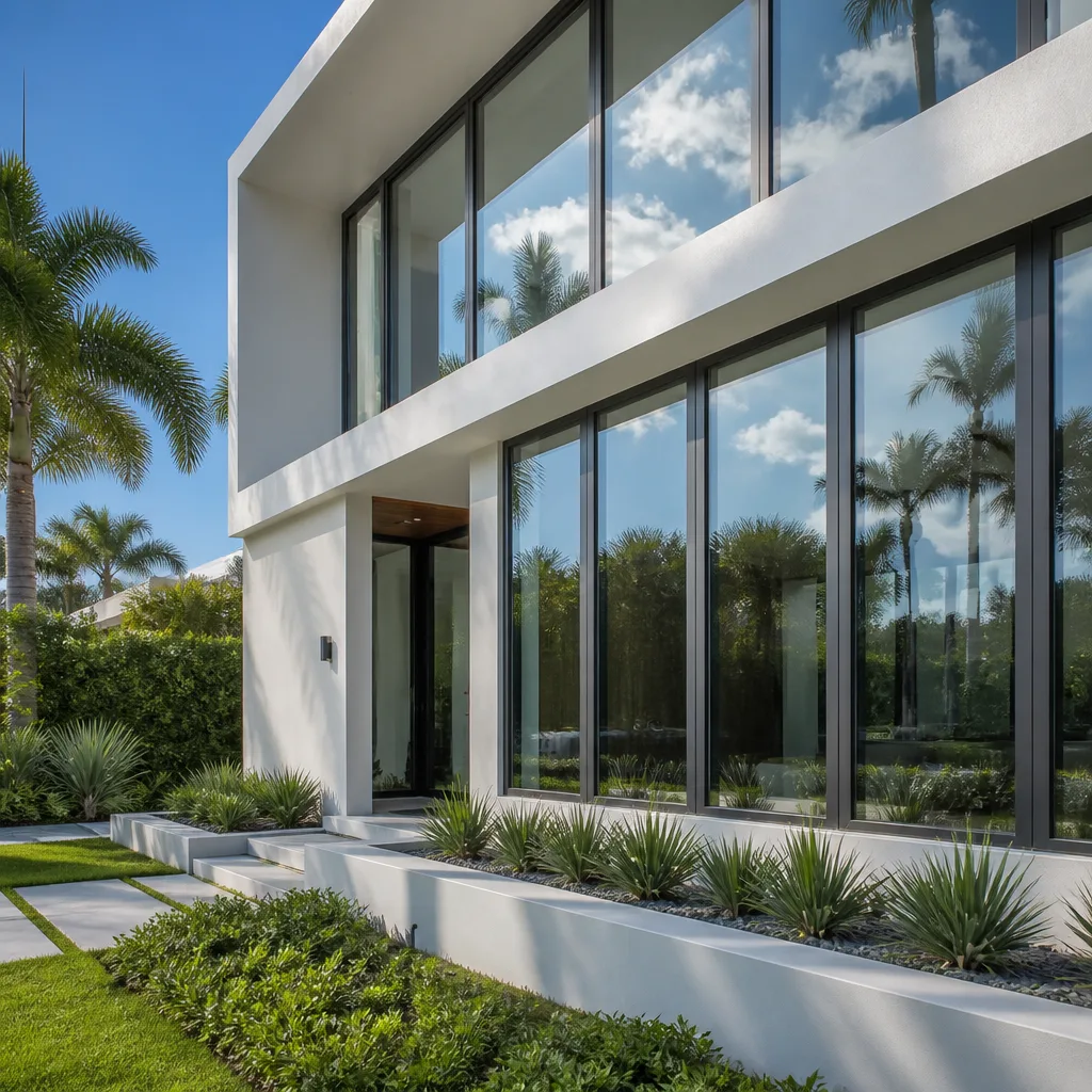 Modern luxury home exterior featuring high-quality impact resistant windows and doors