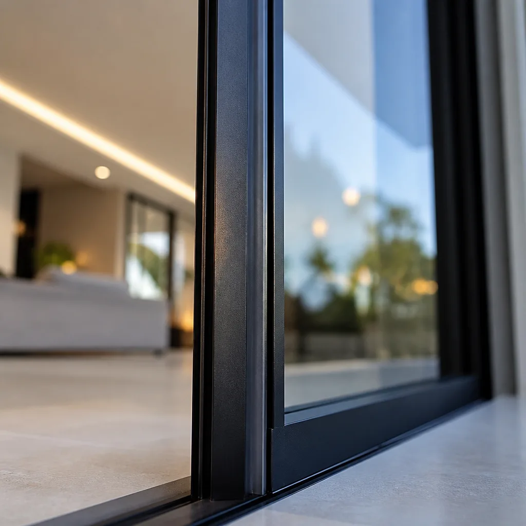 Modern black-framed sliding glass patio door interior and exterior view nationwide