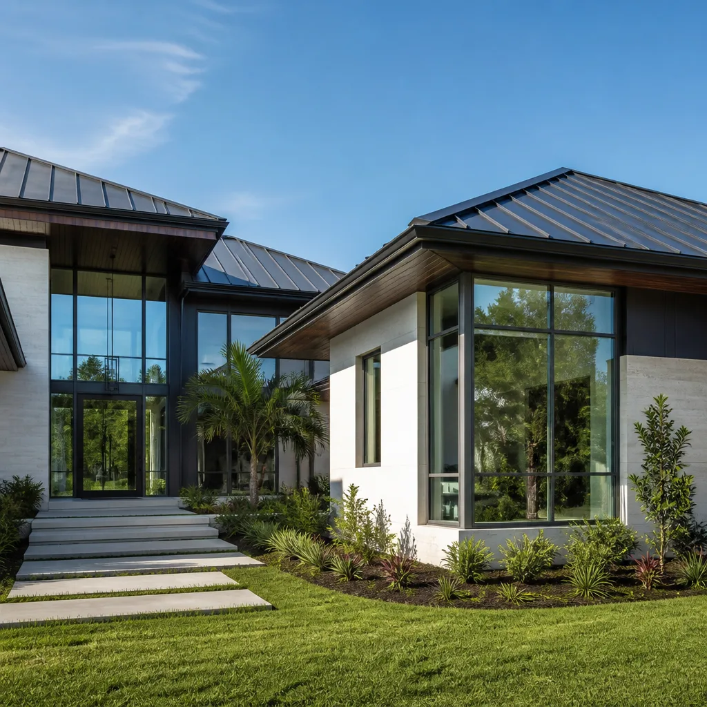 Modern house with sleek floor-to-ceiling glass windows and entrance doors nationwide