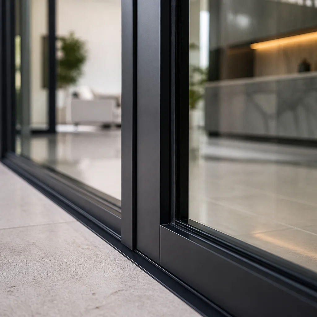 Modern black-framed sliding glass patio doors in a contemporary home. nationwide
