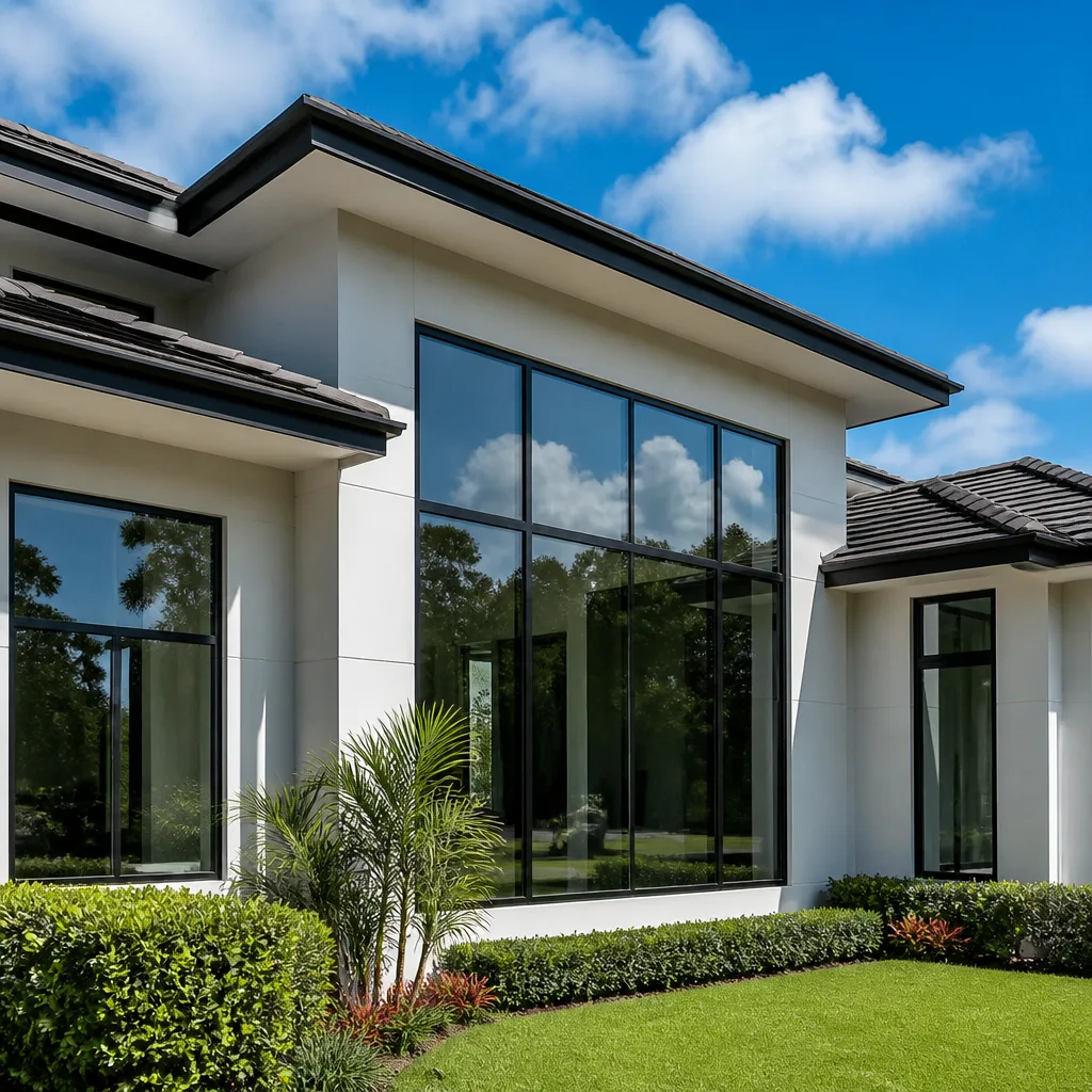 Modern house exterior with dark tile roofing and large black-framed windows nationwide