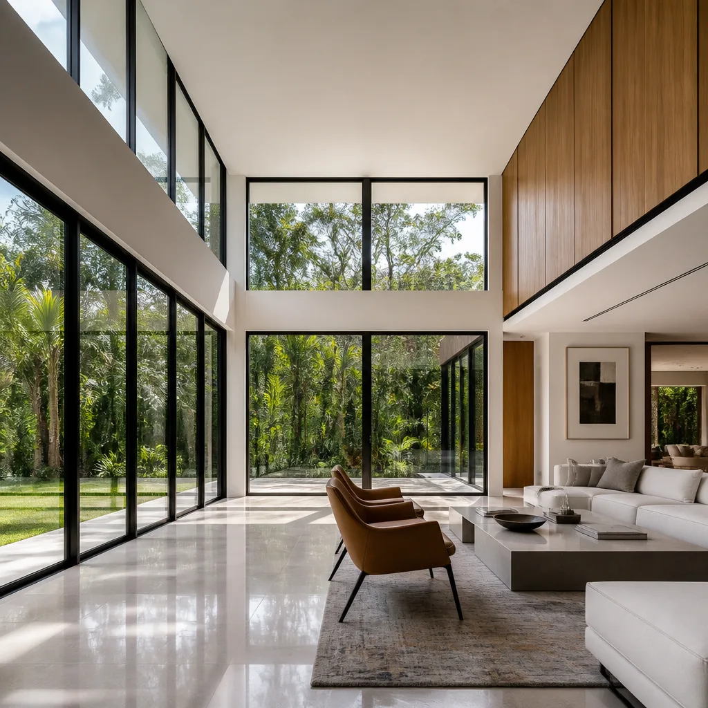 Modern floor-to-ceiling glass windows and sliding doors in luxury living room nationwide