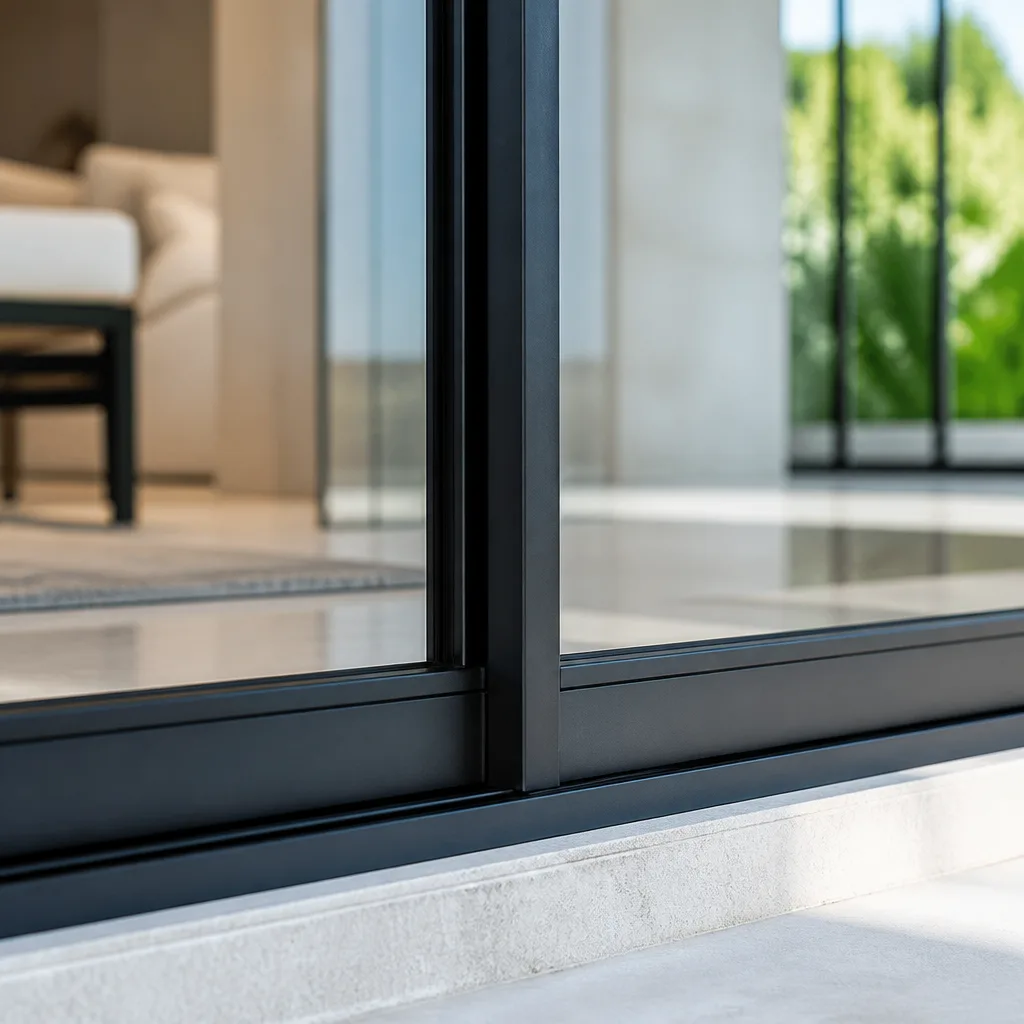 Modern black sliding glass patio door frame with indoor-outdoor view in Hialeah, FL