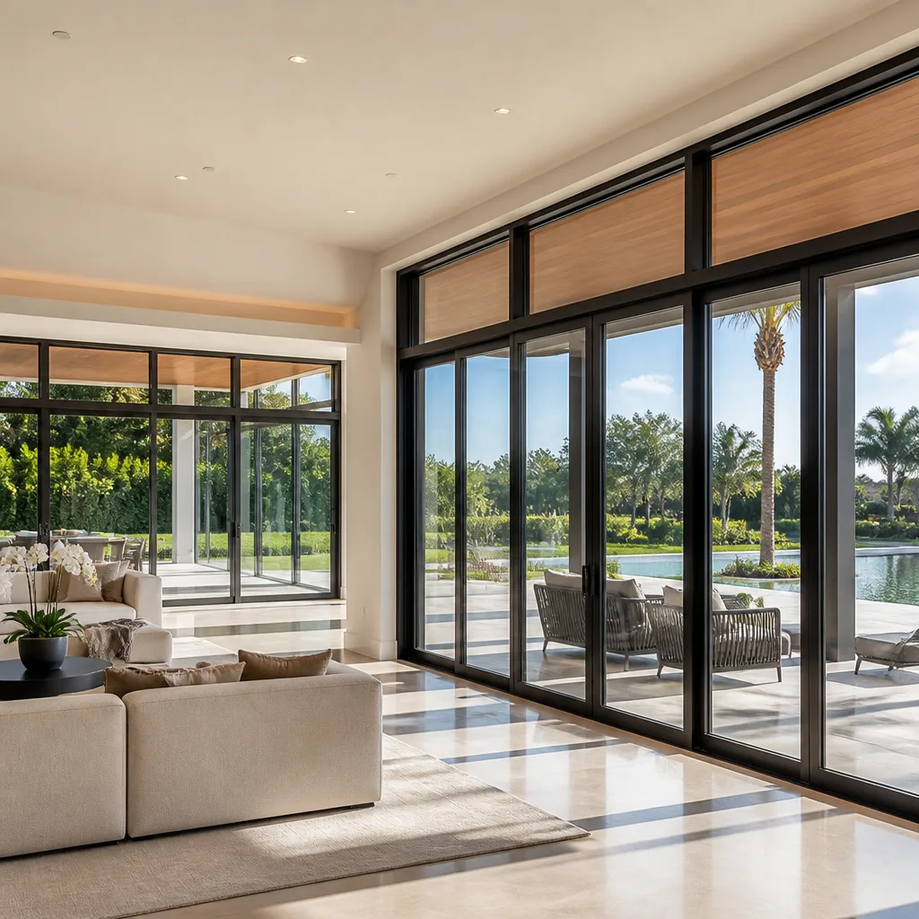 Modern interior living room with expansive floor-to-ceiling sliding glass patio doors in Miami, FL