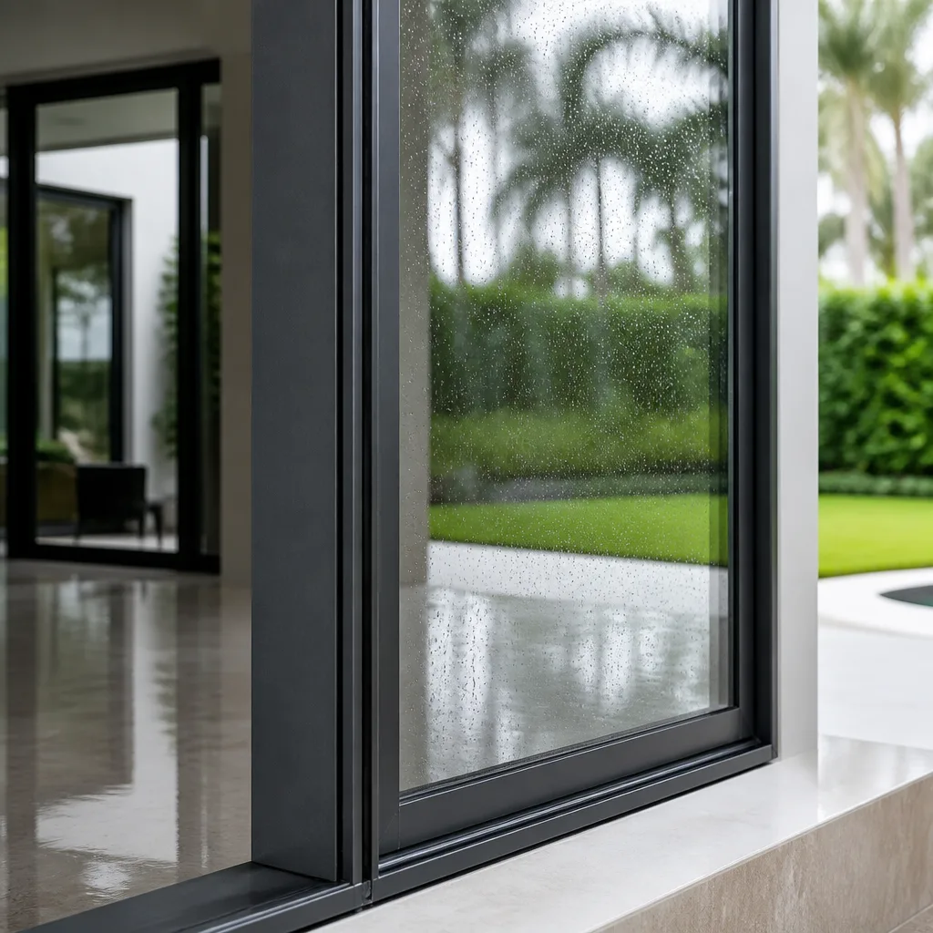 Modern floor to ceiling black frame glass door installation